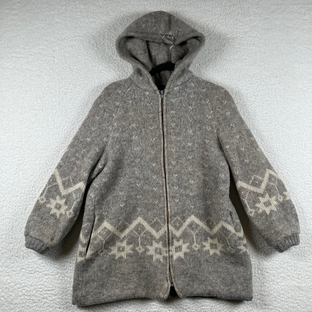 Hilda Ltd Wool Icelandic Fair Isle Cardigan Hooded Jacket Nordic Snowflake L